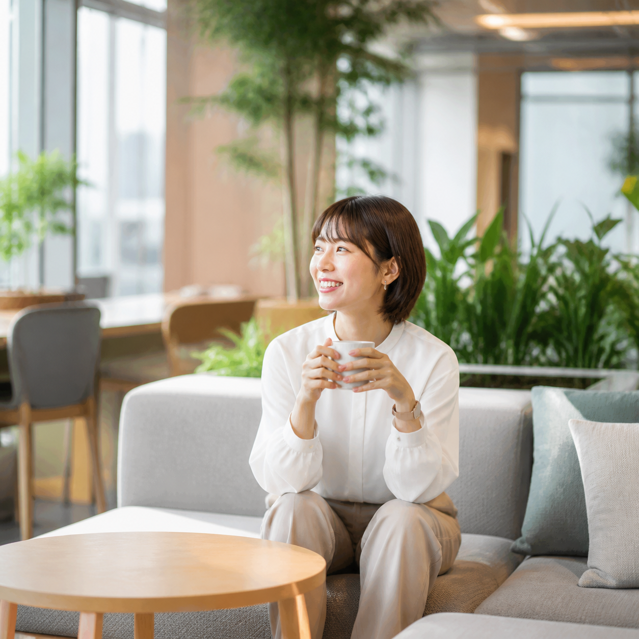 飲食できる明るいオフィスラウンジ